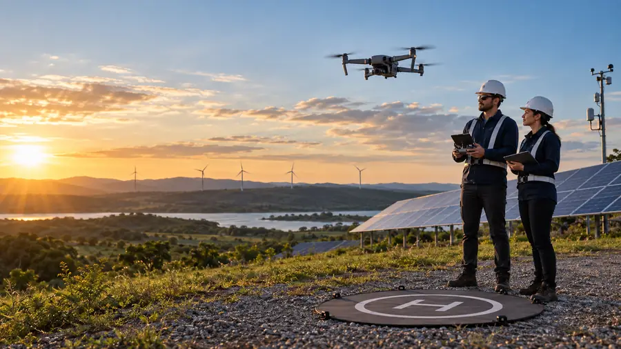 Piloto e instrutora operam um drone em campo com controle remoto e tablet