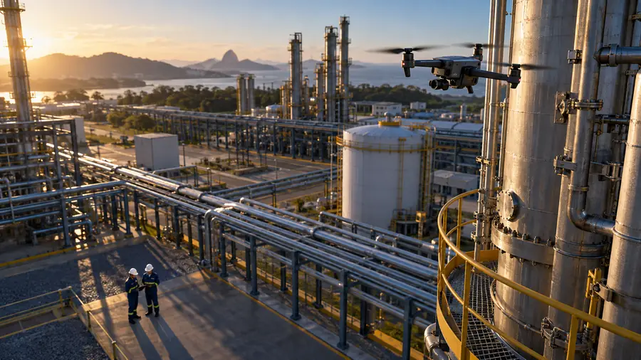 Drone inspecionando estruturas de uma planta industrial enquanto dois técnicos acompanham do solo