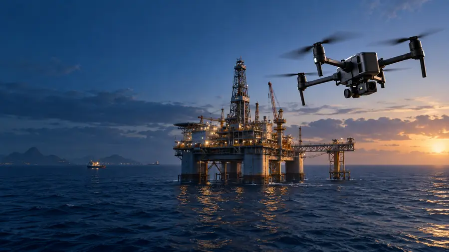 Drone sobrevoando uma plataforma de petróleo ao entardecer